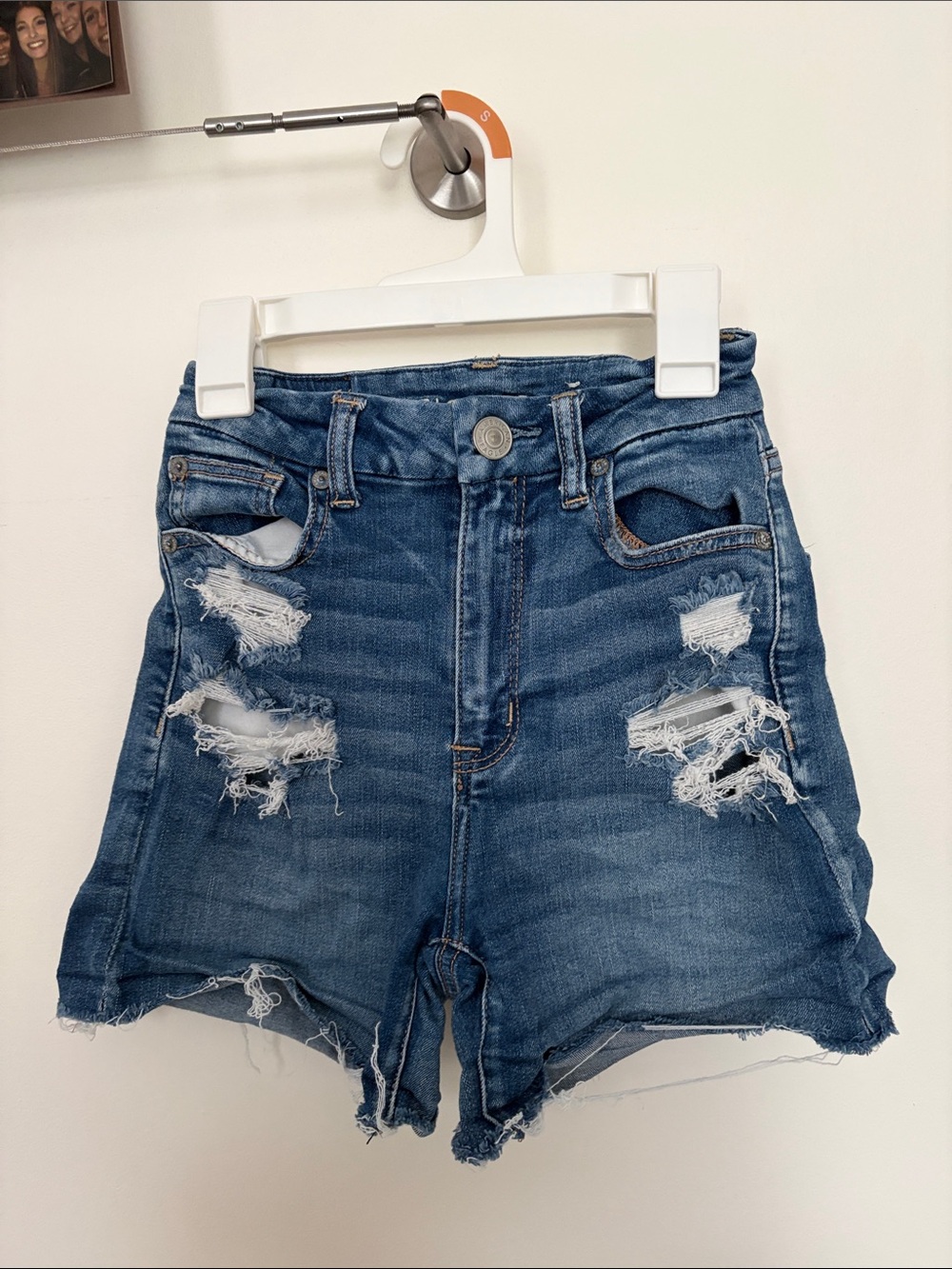 American Eagle Outfitters Blue Distressed High-Waist Jean Shorts